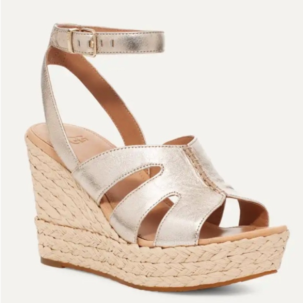 UGG New In Box Careena Gold Metallic Leather Wedge Sandals Ankle Strap Sz 8.5